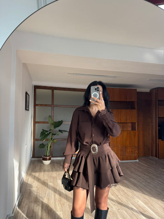 Dantel Detaylı Kahve Elbise