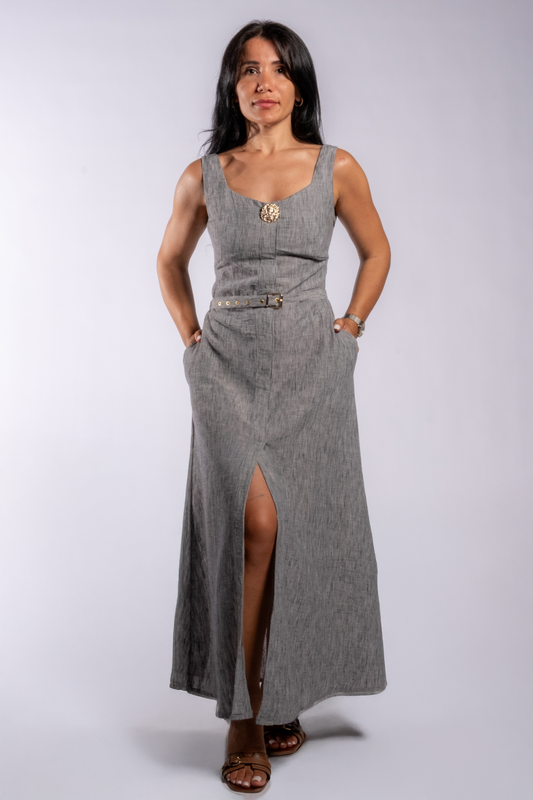 Önden Yırtmaçlı Keten Elbise