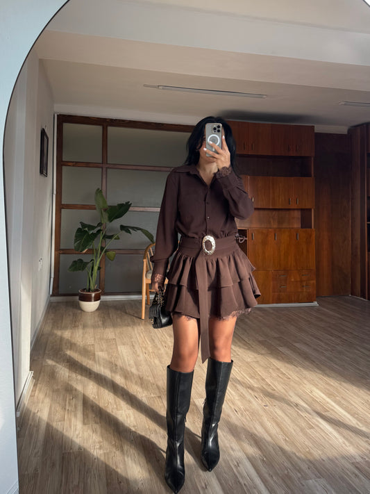 Dantel Detaylı Kahve Elbise